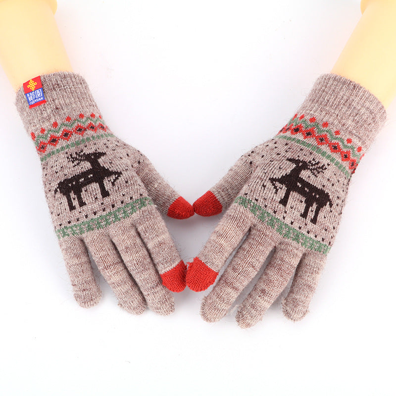 Damen-Strickhandschuhe mit süßem Tiermotiv, Hirsch und Schneeflocke, Vollfinger-Winterhandschuhe, Touchscreen-Handschuhe, schönes Weihnachtsgeschenk