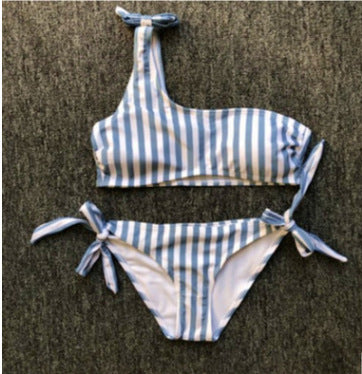 Striped slanted shoulder strap blue bikini split swimsuit two-piece suit