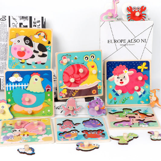 Wooden Children's Dowel Pin Hand Holding Puzzle Board Toys