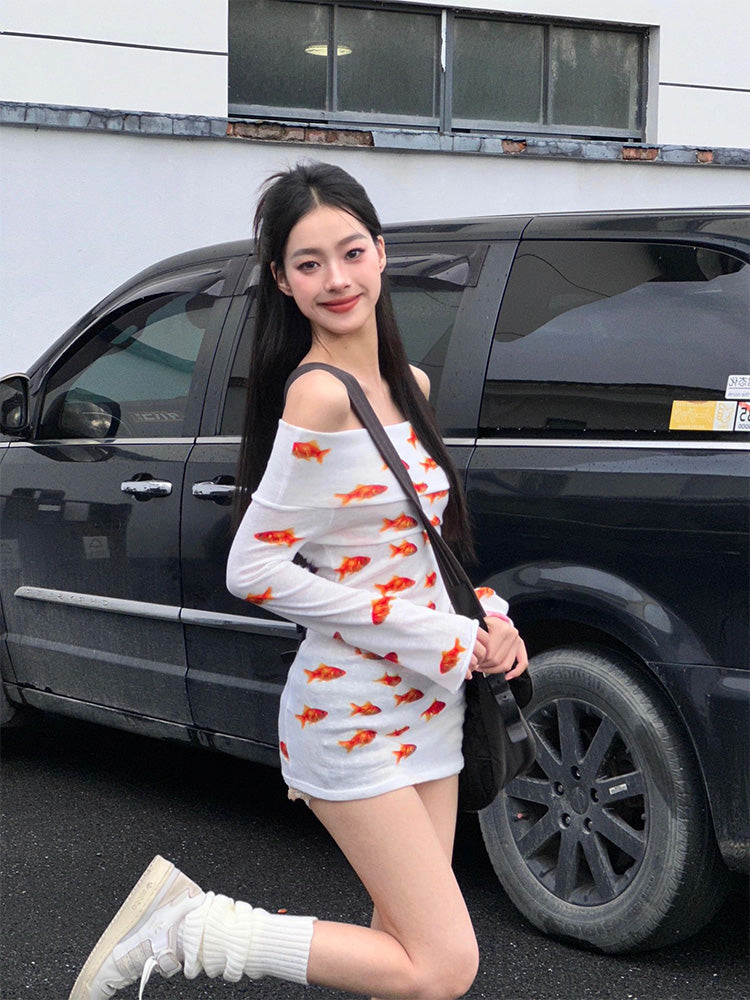 One Shoulder Goldfish Print Long Sleeved Dress