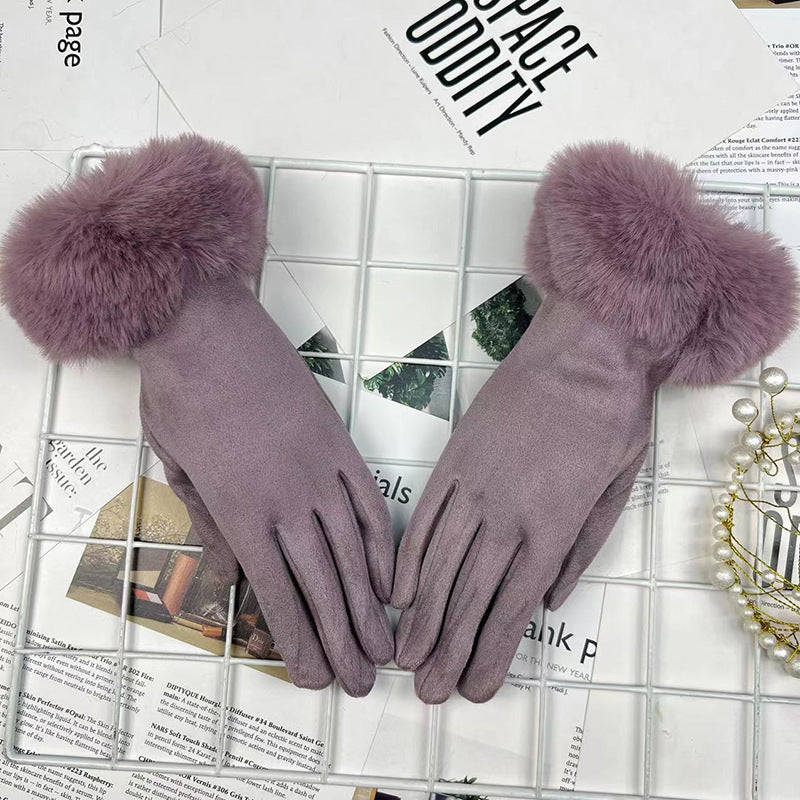 Warm Women's Fur Mouth Winter Riding Fleece-lined Finger Gloves Battery Car Thickened