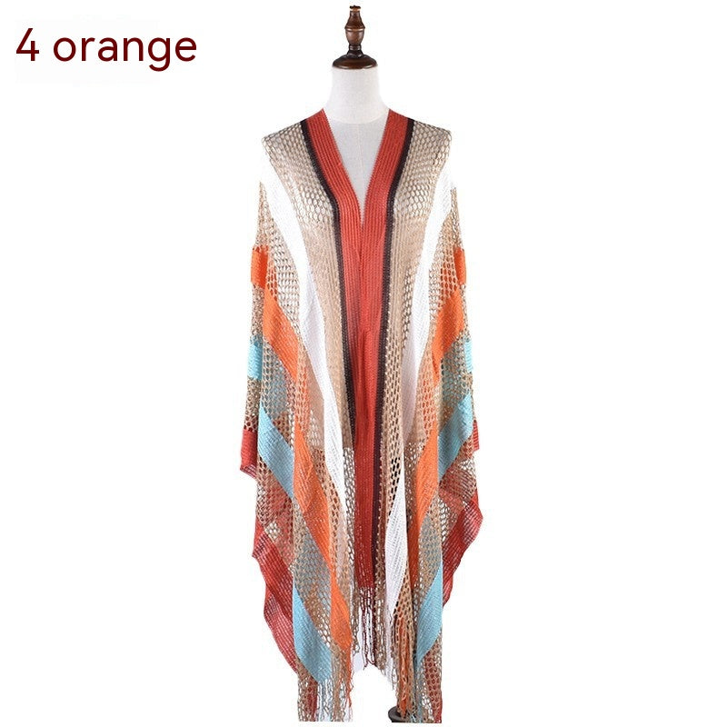 New Korean Style Cutout Long Silk Color Striped Knitted Sunscreen Shawl Thin