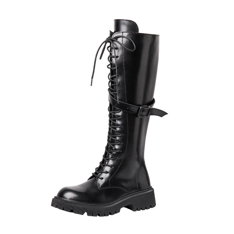 DocStride's MotoGrip Chunky Leather Boots - These motorcycle boots feature a thick bottom and sturdy leather construction, complete with stylish strap accents for added flair.