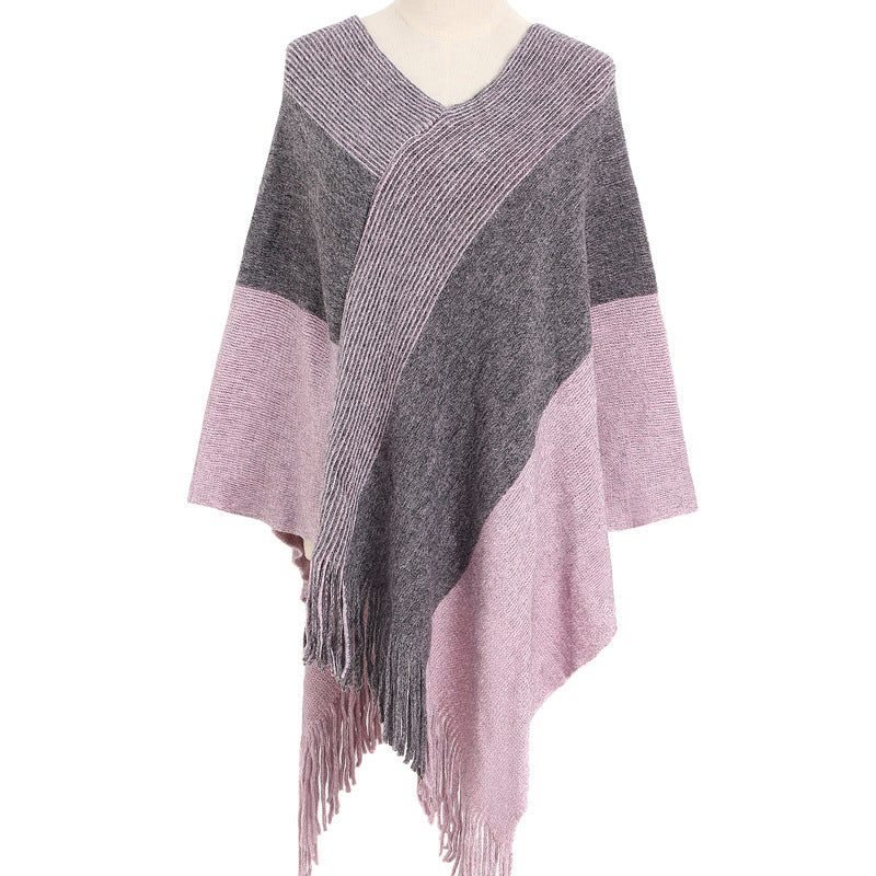 Knitted Shawl Cape Warm Tassel Cloak