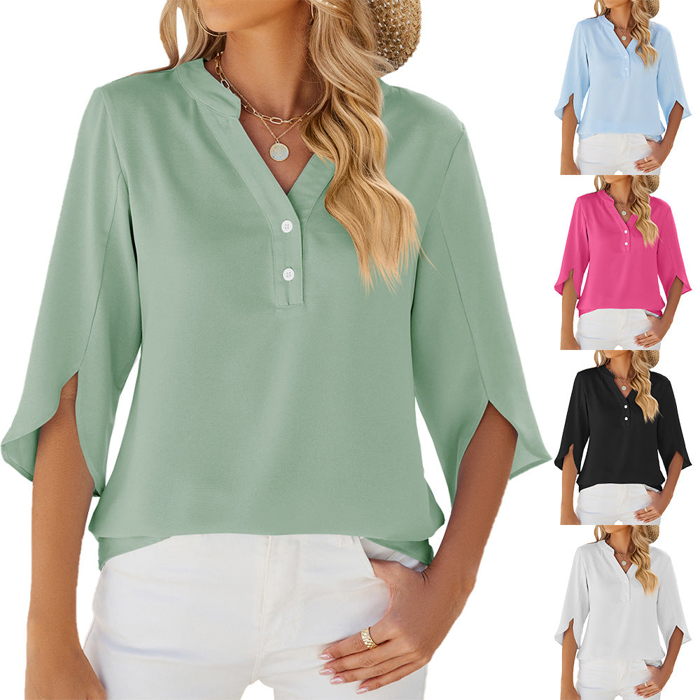 Lady Simplicity: Button V-neck Mid-sleeve Chiffon Shirt - Solid Color Top for Women's Clothing