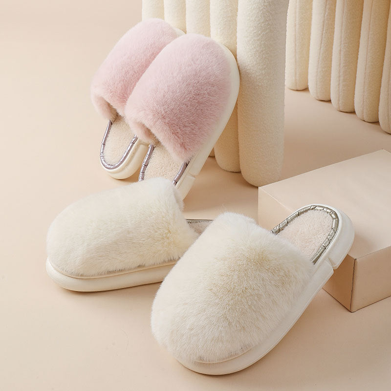 FuzzFluff: Winter warm fuzzy house slippers with plush faux rabbit fur for cozy bedroom comfort.