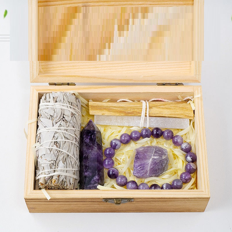 Natürlicher Kristall Amethyst Holzbox Set Geschenkbox