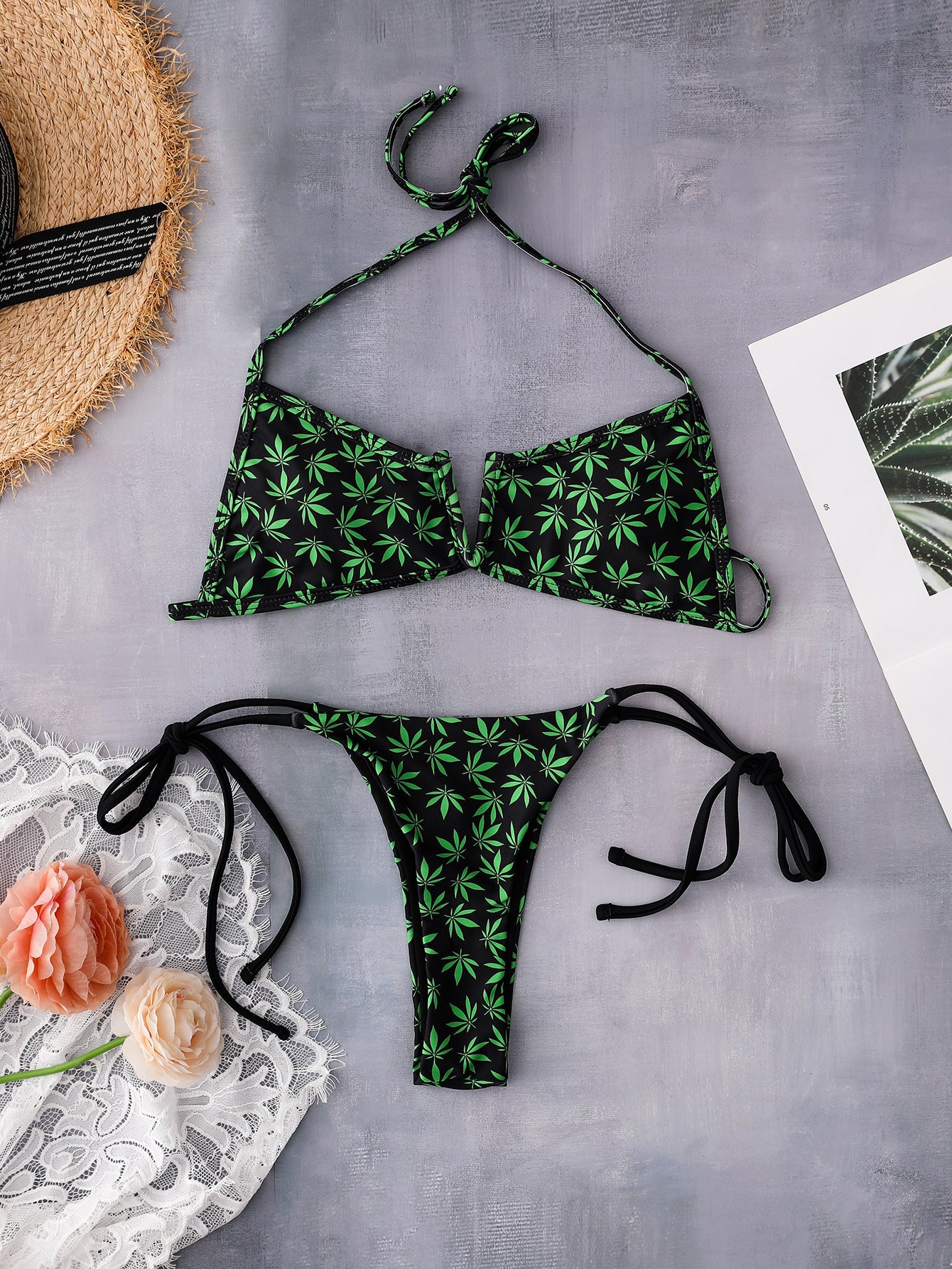 Women's Swimsuit Leaf Print Underwire Gathers Sexy Bikini